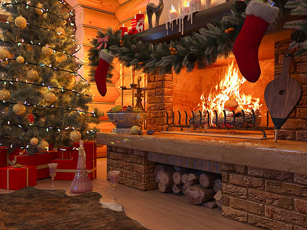 istock 3D illustration New year interior with fireplace in the house 501256588