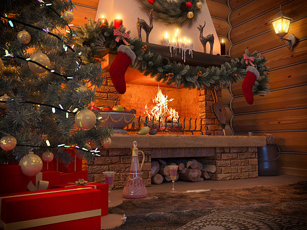 istock 3D illustration New year interior with fireplace in the house 501256660
