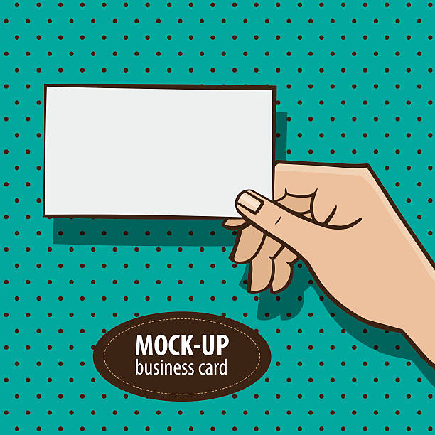Hand of man with white blank rectangle Man holding mockup business card on the retro style background square business card mockup stock illustrations