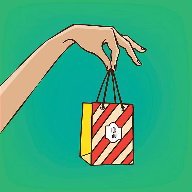 rozpostarte ręka z torba z prezentami - goodie bag stock illustrations