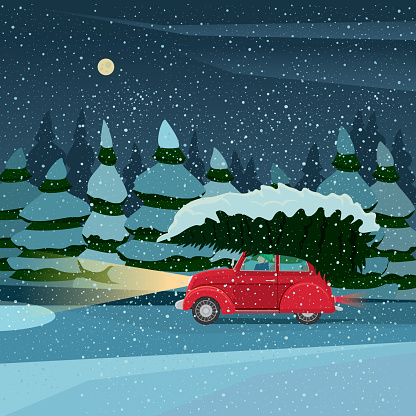 Retro car carries Christmas tree from forests in the snowy weather