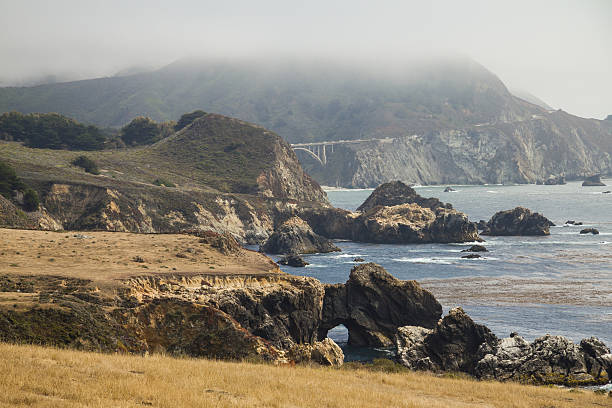 On shore of Highway 1 with view on bridge, California