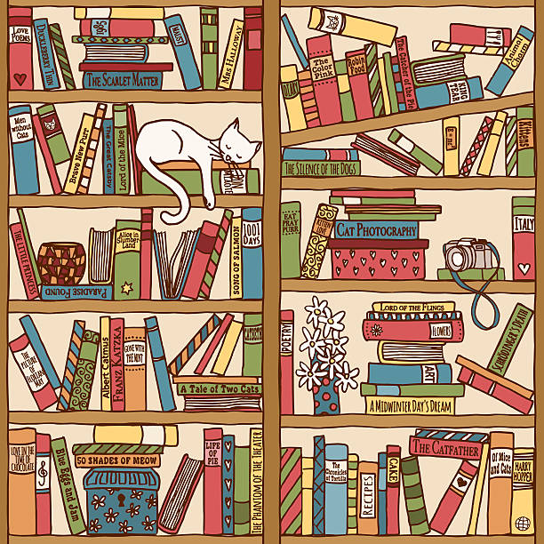 bücherregal mit schlafen katze (nahtlose hintergrund - book titles shelf library stock-grafiken, -clipart, -cartoons und -symbole