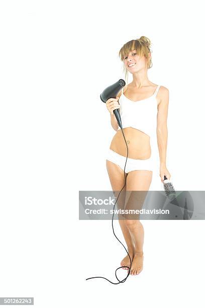Smiling Woman Holding Hair Dryer And Hair Brush Stock Photo - Download Image Now - Adult, Adults Only, Bathroom