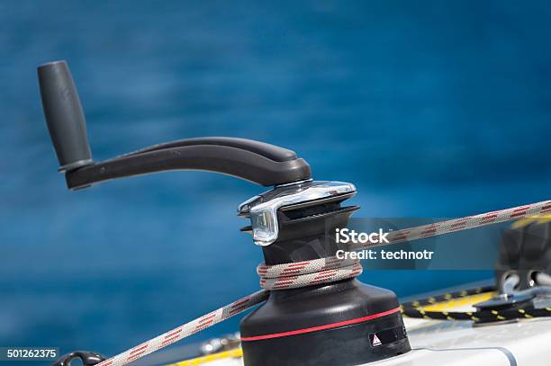 Closeup Of Winch And The Rope On Sailing Boat Stock Photo - Download Image Now - Blue, Cable Winch, Clear Sky