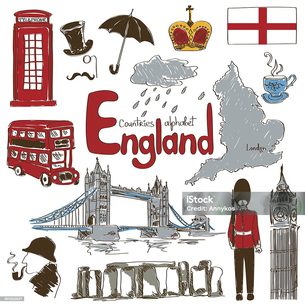 Collection of England icons Fun colorful sketch collection of England icons, countries alphabet Tower Bridge stock vector