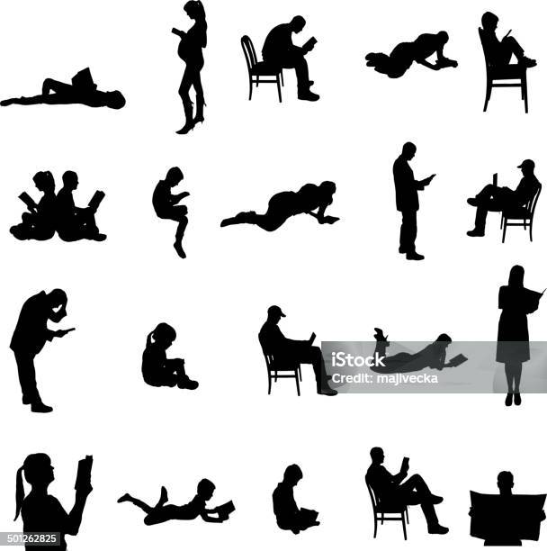 Vector Silhouettes Of People Stock Illustration - Download Image Now - In Silhouette, Sitting, Reading