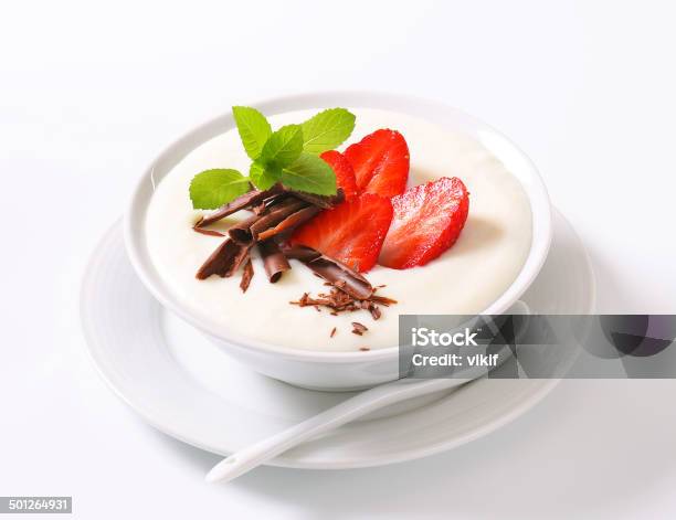 Milk Pudding With Strawberries Stock Photo - Download Image Now - Couscous, Smooth, Bowl
