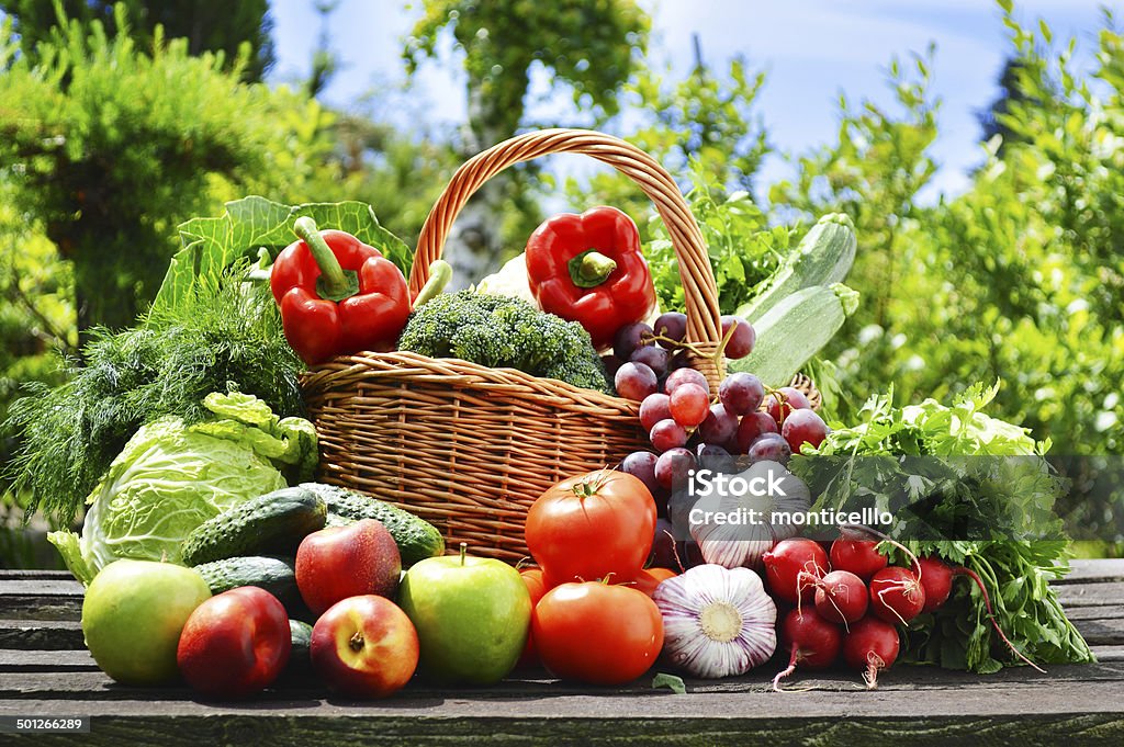 Fresh organic vegetables in wicker basket in the garden Fresh organic vegetables in wicker basket in the garden. Antioxidant Stock Photo