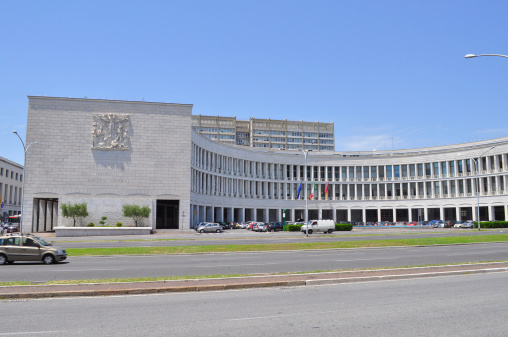 Rome, Italy - June 23, 2014: INPS Istituto Nazionale della Previdenza Sociale meaning National Institute of Pensions is a masterpiece of Fascist architecture