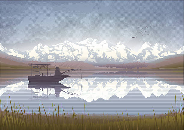 Old fisherman in a boat vector art illustration