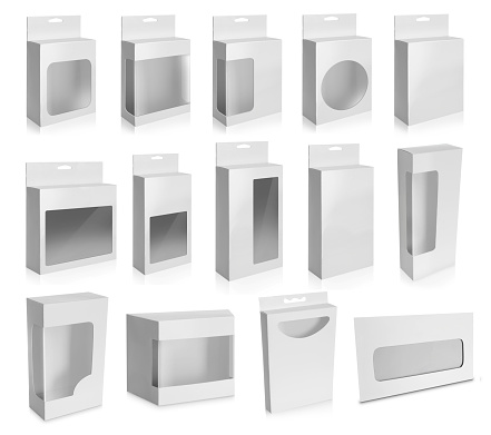 Collection of White Product Package Box With Window isolated over white background.