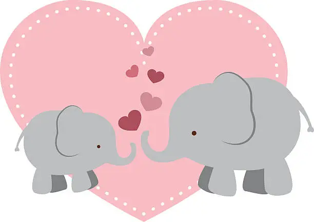 Vector illustration of Elephant Mama and Baby with Hearts