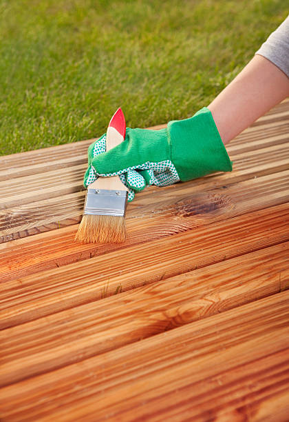 istock Applying protective varnish on a patio wooden floor 501279971
