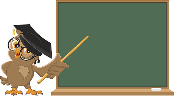 Owl teacher holding pointer at blackboard Owl teacher holding pointer at blackboard. Vector cartoon cartoon of bird with glasses stock illustrations