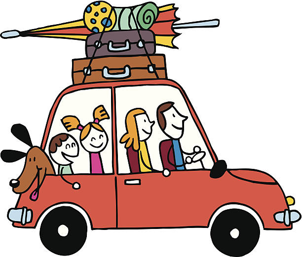 Family of four vacation, Car with luggage travel vector illustration they are going places family drawing stock illustrations