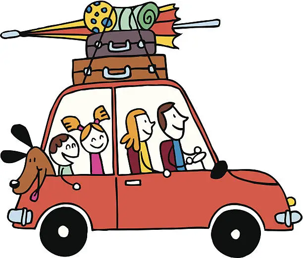 Vector illustration of Family of four vacation, Car with luggage travel vector illustration