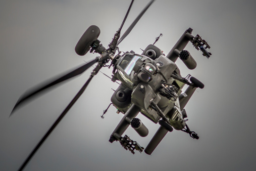 A head-on view of an AH64 Apache helicopter gunship armed with rotary cannon, rocket pods and Hellfire missiles.
