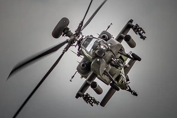 A head-on view of an AH64 Apache helicopter gunship armed with rotary cannon, rocket pods and Hellfire missiles.