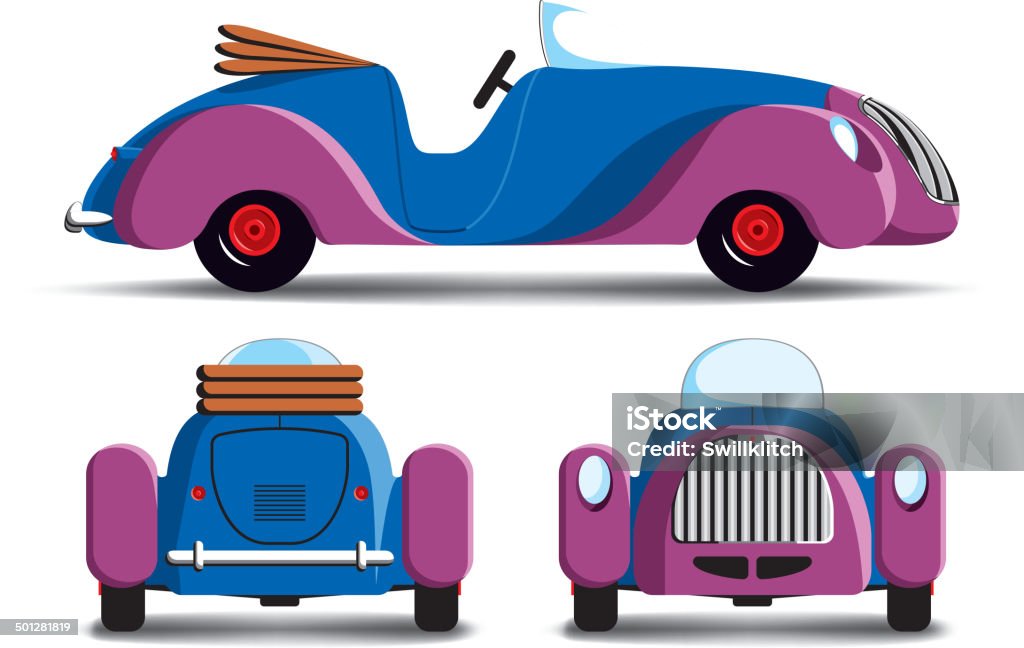 Cartoon purple car Cartoon car with side, rear and front view 1930-1939 stock vector