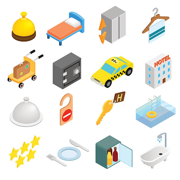 ilustrações, clipart, desenhos animados e ícones de hotel isometric conjunto de ícones em 3d - taxi car three dimensional shape isolated