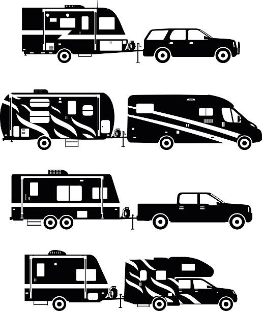 illustrations, cliparts, dessins animés et icônes de ensemble de différentes silhouettes caravane caravanes. - motor home camping mobile home vehicle trailer