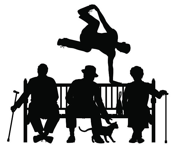 Park bench parkour Editable vector silhouette of a young man vaulting over three elderly people on a park bench with all elements as separate objects sitting on bench stock illustrations
