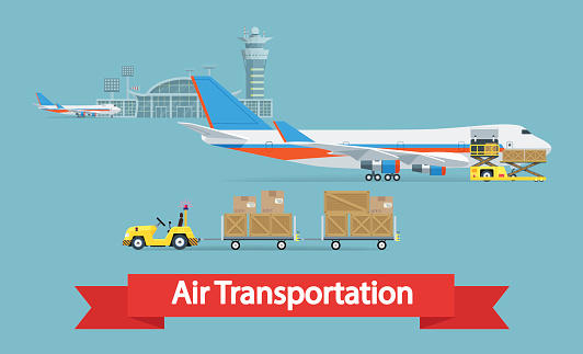 Air cargo transportation concept. Flat style illustration. Logistic concept.  It can be used as - pictogram, icon, infographic element. Vector Illustration.