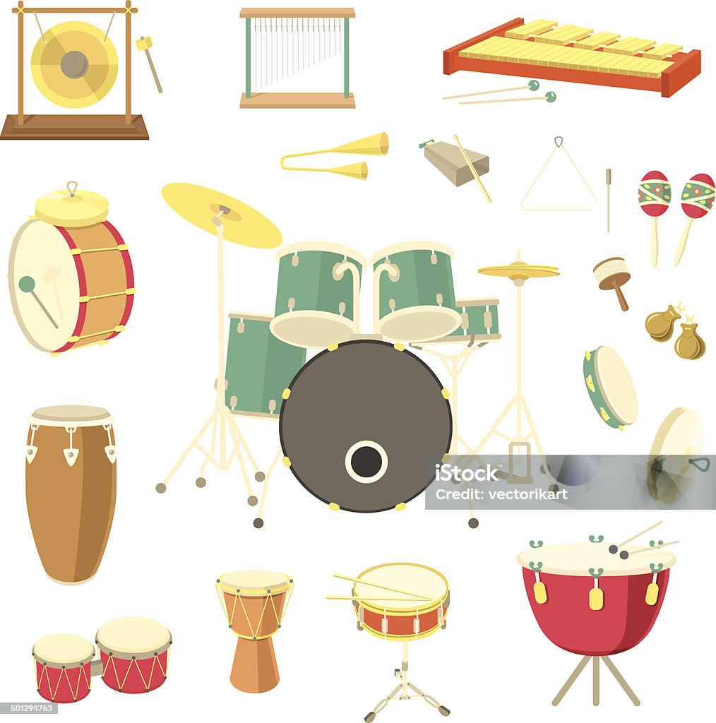 Percussion Musical Instruments Set of various percussion musical instruments in the flat style Drum - Percussion Instrument stock vector