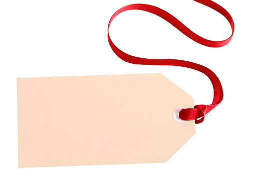 Plain gift tag with red ribbon isolated on white background