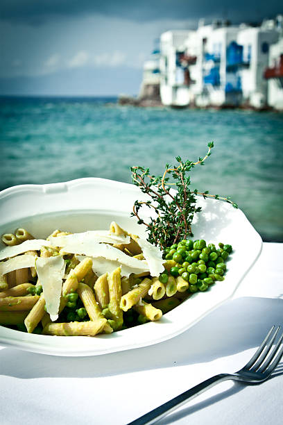 Pasta with peas and thyme stock photo