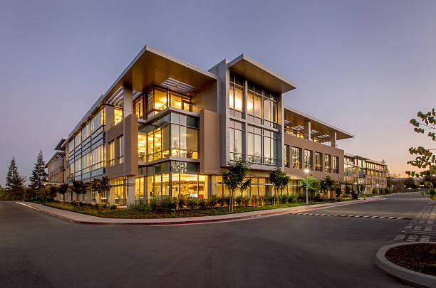 Office Building, Night, Silicon Valley, California Office building at dusk, Silicon Valley, California. office building stock pictures, royalty-free photos & images