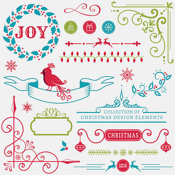 Christmas design elements. Vector set. Set of christmas and new year decorations isolated on white background. Collection of elements for greeting card, party invitations, page and web decor or other holiday design. Vector illustration. dingbat stock illustrations