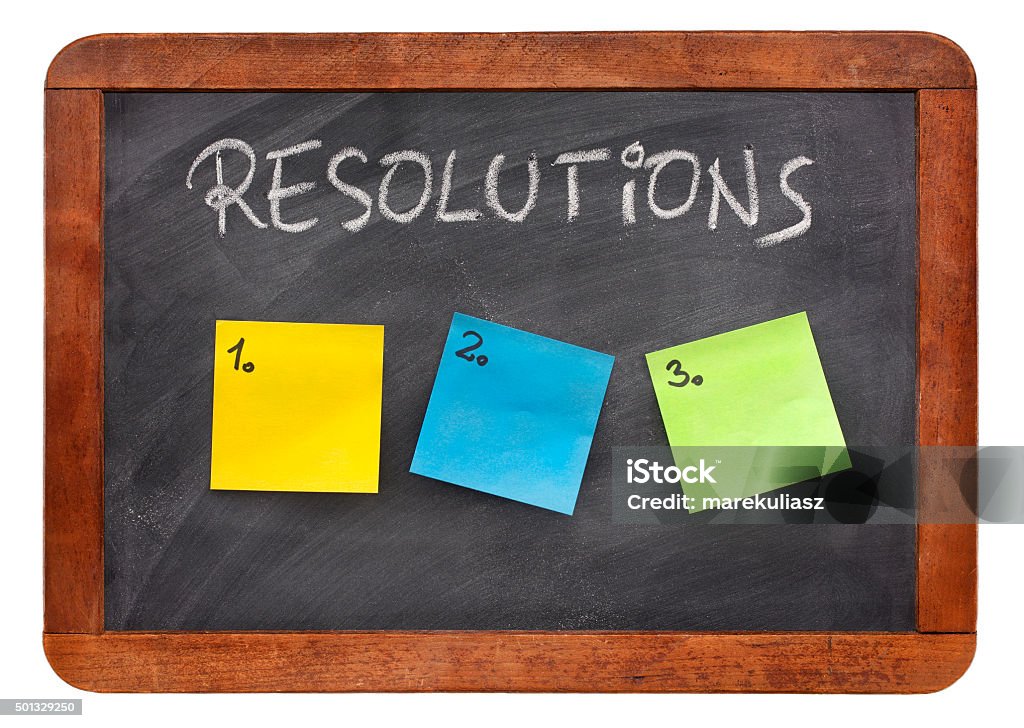 blank list of resolutions list of resolutions on vintage blackboard with three blank  sticky notes 2015 Stock Photo