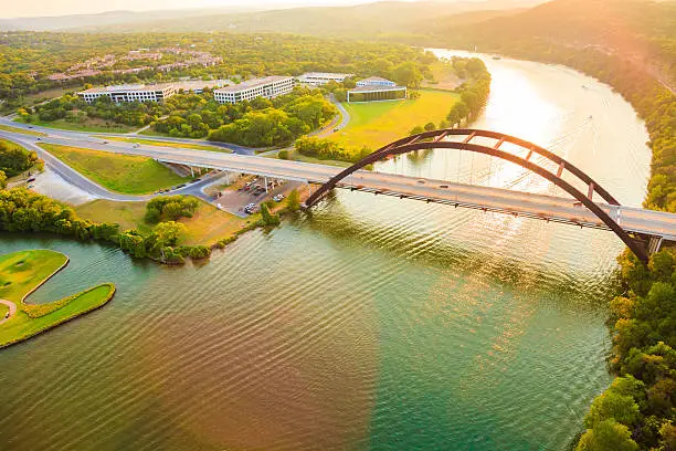 Photo of Pennybacker 360 bridge, Colorado River, Austin Texas, aerial panorama