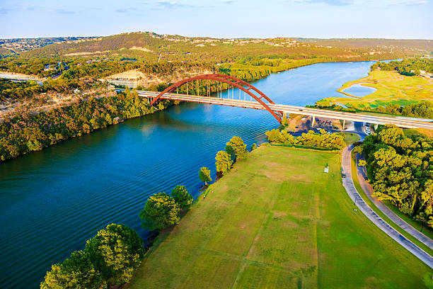 istock Pennybacker 360 bridge, Colorado River, Austin Texas, aerial panorama 501329852