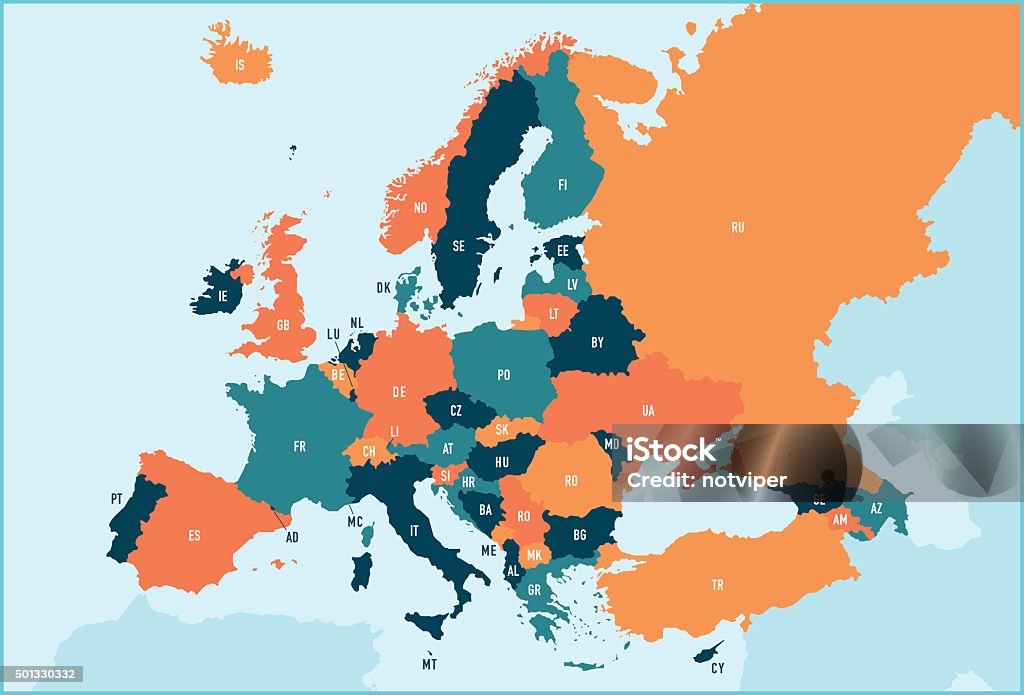 Europe Map - Illustration Colorful stylized vector map of Europe with labeled countries and territory name abbreviations. All countries and territories can be individually selected. Map stock vector