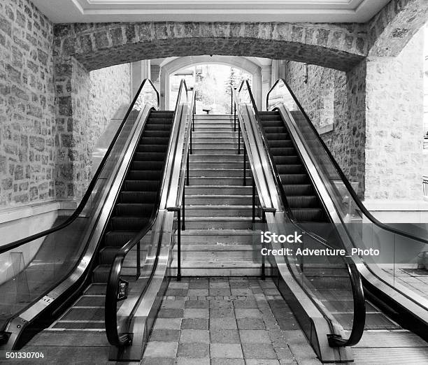 Escalators In Black And White Stock Photo - Download Image Now - 2015, Architecture, Black And White