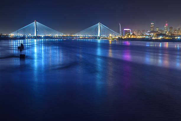 St. Louis Skyline with Bridges A view of St. Louis Missouri at night with the river and bridges included. jefferson national expansion memorial park stock pictures, royalty-free photos & images