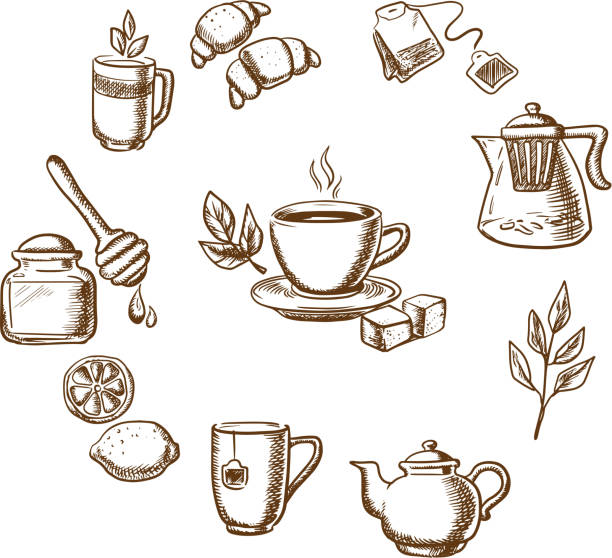 kräutertee, dessert und bäckerei skizze icons - food jar backgrounds breakfast stock-grafiken, -clipart, -cartoons und -symbole