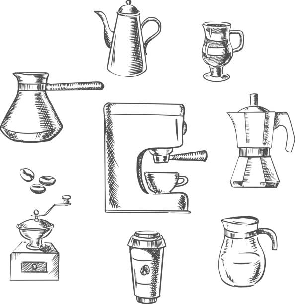 illustrazioni stock, clip art, cartoni animati e icone di tendenza di bevande icone di schizzo della macchina per il caffè - internet cafe coffee coffee bean backgrounds