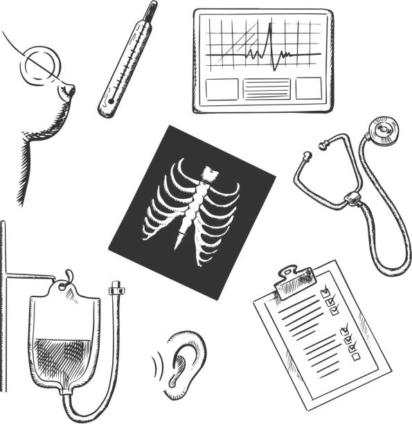 Diagnostics and medical test object sketches Medical diagnostics sketch icons with chest x-ray, thermometer, blood test, stethoscope, hearing test, ecg, breast cancer test and clipboard with monitoring results. Healthcare and medicine concept usage x ray results stock illustrations