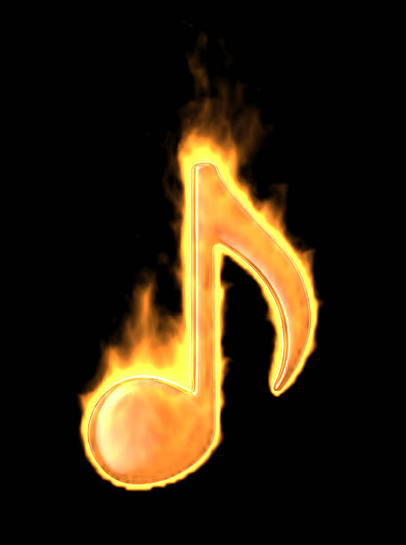 Music note burn in fire. 3D Icon isolated on black stock photo