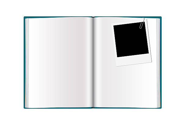 illustrazioni stock, clip art, cartoni animati e icone di tendenza di libro aperto con vuoto foto su sfondo bianco. - book photo album publication open