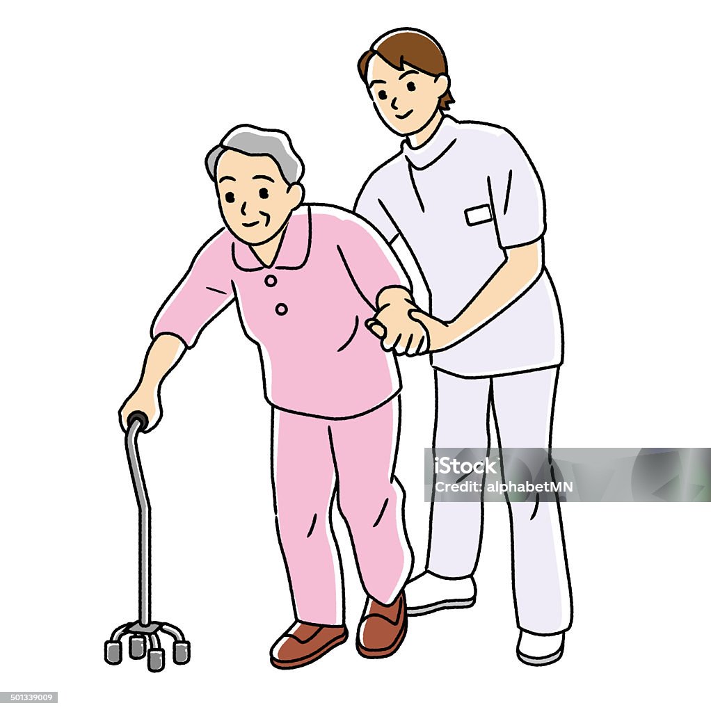 Physical therapist to carry out the rehabilitation of the elderly. Physical Therapist, Elderly person, rehabilitation, Gait training  Geriatrics stock illustration