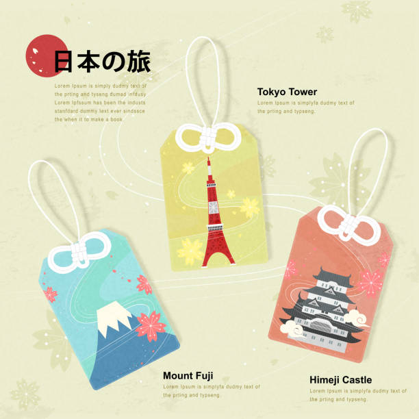 attractive Japan travel poster attractive Japan travel poster - Japan travel in Japanese words on upper left good luck charm stock illustrations