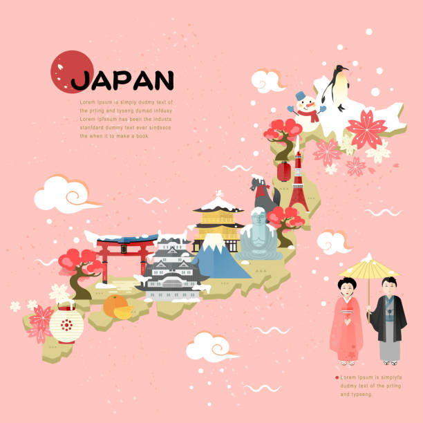 beautiful Japan travel map beautiful Japan travel map in flat style japan winter stock illustrations