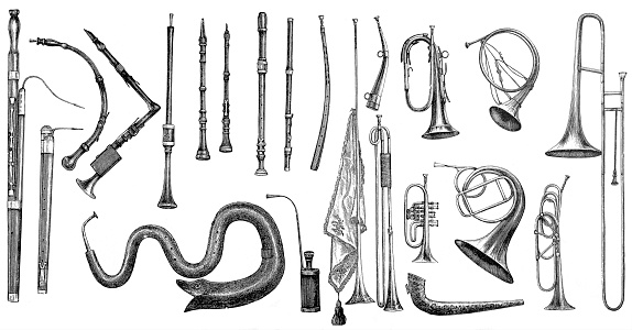 Antique illustration of woodwinds musical instruments
