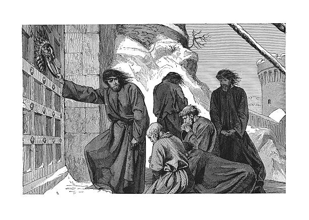 Henry IV doing penance at Canossa (antique engraving) 19th-century illustration of Henry IV, the Holy Roman Emperor doing penance at Canossa. Original artwork published in "A pictorial history of the world's great nations: from the earliest dates to the present time" by Charlotte M. Yonge (Selmar Hess, New York, 1882). drawing of a man kneeling in prayer stock illustrations