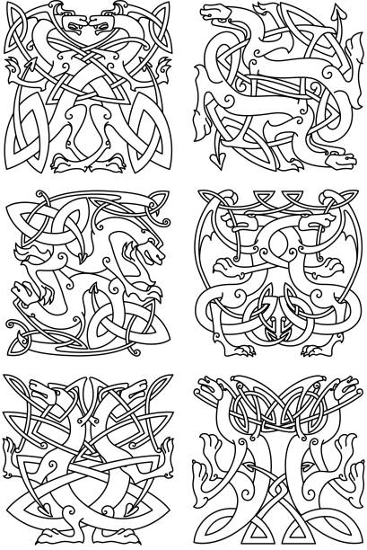 Celtic knot pattern with tribal dragons Celtic animal knot ornaments of mythical dragons or beasts with curved wings and tails, arranged in tribal pattern. Use as tattoo, coat of arms or emblem design celtic dragon tattoo stock illustrations